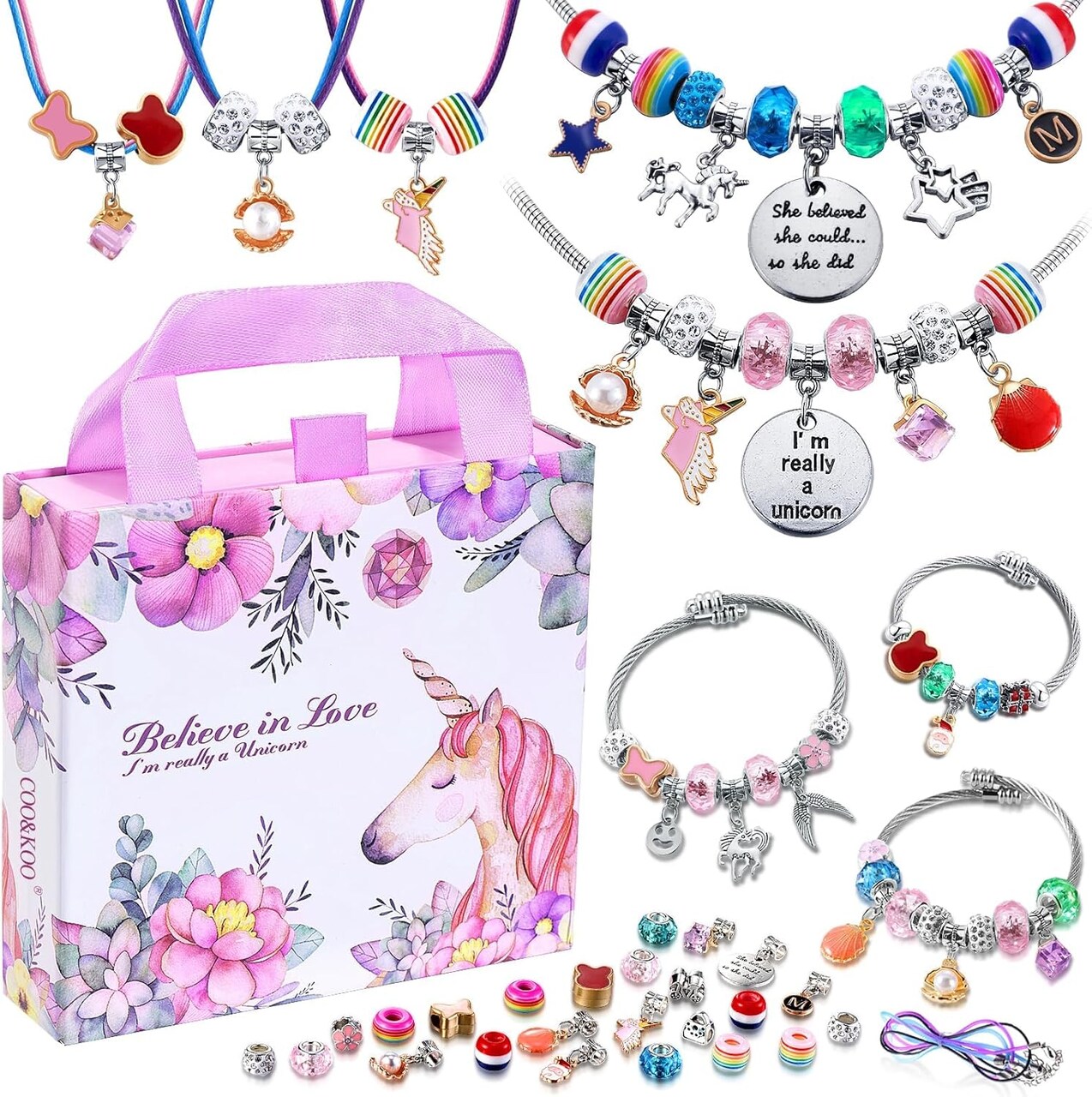 Unicorn Charm Bracelet Making Kit for Girls Ages 6–12 – DIY Jewelry Set with Sparkling Charms, Pendants & All-in-One Unicorn Box | Creative Craft Gift for Birthday & Holidays
